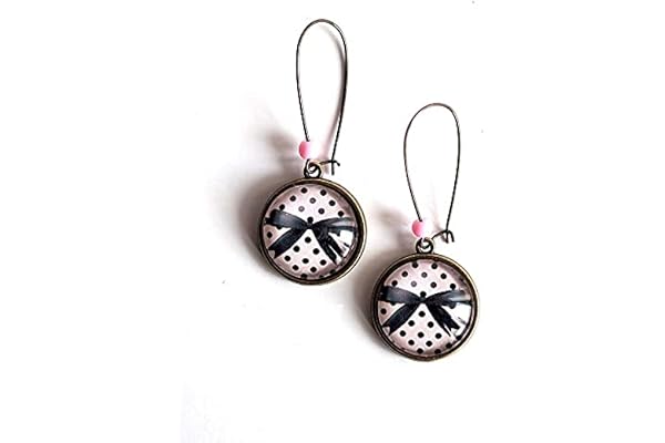 Boucles d'oreilles cabochon, Noeud papillon noir, petit pois fond rose, girly, 50's, 60's, pin up