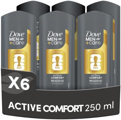 Dove Men+Care Docciaschiuma Active Comfort, Doccia Shampoo Uomo 3 in 1 Detergente per Corpo, Viso e Capelli, con Tecnologia MicroMoisture, Dona 24 Ore di Idratazione, 6 Pezzi da 250 ml