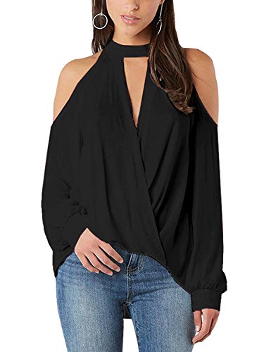 YOINS Chemisier Femme Chic Tops Sexy Manches Lantern Batwing Haut Manches Longues Épaules Dénudées Chemise Col V Croisée Noir XS