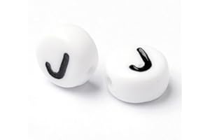 Handicraft Emporium Perline rotonde e piatte in acrilico con lettere dell'alfabeto, nere su bianco, circa 10 g, J