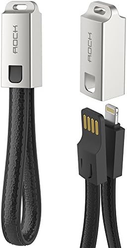 Short Portable USB Lightning Data Cable Charging Cable Leather Key Chain for iPhone 5 6 7 iPad, ROCK (Black)