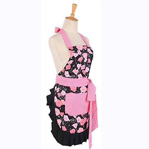 G2PLUS Schön Frau Schürze Baumwolle Blumenmuster Küchenschürze Modische Apron mit Taschen zum Kochen oder Backen (Frau Schürze) - 3