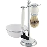Shaving Set with Bristle Brush and Lathering Bowl in Elegant White With Polished Chrome Finish, Designed to Fit Mach 3 Blades