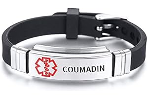 NONE BRANDED Braccialetto medico per uomo e donna regolabile in silicone nero ID in acciaio inox messaggio promemoria PACEMAKER COUMADIN e Acciaio inossidabile, colore: Coumadin, cod. BS-049