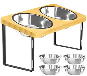 UQNAL Raised cat Food Bowl Dog Bowl Stand Elevated Dog Bowl with 15? Stand Tilted for Small Dogs Water Bowl with Four Stainless Steel Bowl and Anti Slip feet