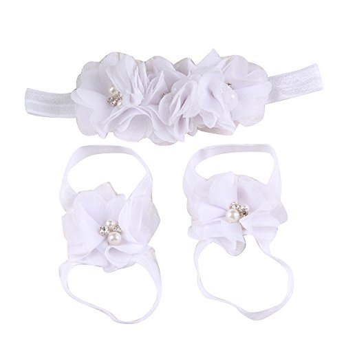 Sanwood Baby Girl Chiffon Rhinestone Foot Flower Barefoot Sandals Headband Set (White)