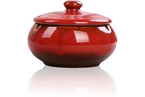 AIRMSA Cendrier en Céramique avec Couvercles, Cendrier Coupe-vent pour Cigarettes à Usage Intérieur ou Extérieur, Cendrier de Bureau pour la Maison ou le Bureau(Rouge)