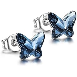 ANGEL NINA Pendientes Mariposa Mujer 925 Plata con Cristales Swarovski Azul Aretes Joyas Regalos para Navidad San Valentín Cumpleaños Aniversario San Valentín Madre Esposa Hija Niña Ella Su
