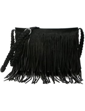 Aivtalk - Damen Fashion Fransentasche Handtasche Schultertasche Umhängetasche aus künstlichem Wildleder - Schwarz