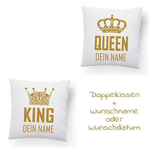 Doppelkissen King & Queen + Namen oder Datum Personalisert | Name | Geschenk, Mit / Ohne Name:Mit Namen, Kissen:Premiumkissen
