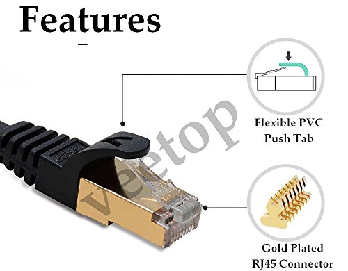 Veetop hochgeschwindigkeit flach SSTP Cat7 10Gigabit netzwerkkabel ethernet lan (Rj45) patchkabel/UTP/kompatible zu Switch/Router/Modem/Patchpannel/Access Point/Patchfelder mit Goldenem Stecker 100% Zufriedenheit Garantie(10m, Schwarz) - 6