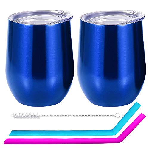 EigPluy Lot de 2 verres à vin sans tige avec couvercle et paille réutilisables en acier inoxydable incassable 30 cl bleu