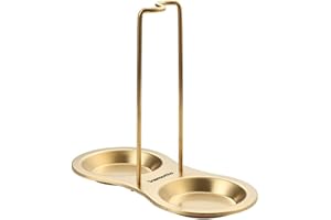 Vamotto Vertical Spoon Rest Holder with Two Resting Dishes, Stainless Steel Soup Ladles Holders, Standing Spoon Racks for Hotpot Restaurant, Buffet, Fast Food Restaurant, Kitchen Decor Tool (Gold)