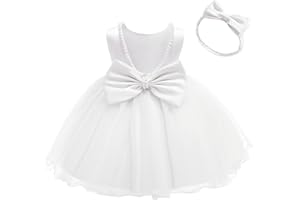 IWEMEK Kids Baby Girls Beaded Backless Bowknot Tutu Princess Dress + Headband Sleeveless Birthday Baptism First Communion Gown Flower Girl Bridesmaid Wedding Party Prom Dresses