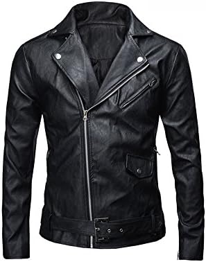 JKQA Men's Classic Police Style Faux Leather Motorcycle Jacket (2XL, Black)