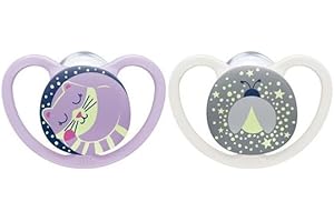 NUK Tétine Space Night | 6-18 mois | Sucettes avec aérations extra-larges qui brille dans le noir | Silicone sans BPA | chat et coccinelle | 2 unités