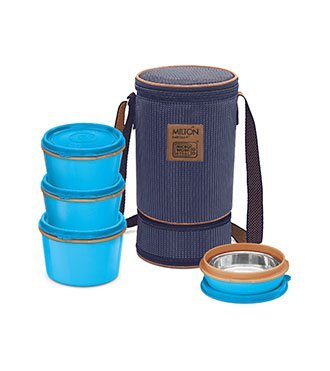 MILTON Microwaveable Steel Flexi Insulated Lunch/Tiffin Box with 4 Containers - 200, 350, 500ml (Blue, KA)