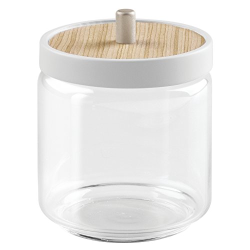Preisvergleich Produktbild InterDesign 90460EU RealWood Glasbehälter für Wattebäusche, Wattepads, Keramik, weiß / helles Holz, 8.7 x 8.7 x 11.3 cm