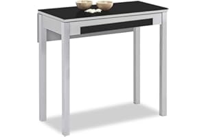 ASTIMESA Mesa de Cocina Extensible 1 ala caida - 80x40 cm (80x60 cm) - Estructura y ala caida Color Aluminio - Tapa Cristal Color Negra