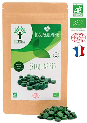 Spiruline bio | 150 comprimés | Complément alimentaire | Superaliment | Energie - Sport BCAA | Bioptimal - nutrition naturelle | Conditionnée, Contrôlée et Analysée en France | Certification Ecocert