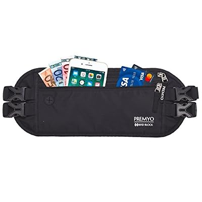 PREMYO Sac Banane Noir Blocage RFID Ceinture Porte-Billet Antivol Homme Femme Pochette Ceinture de Voyage pour Passeport Clés Argent Portable Sac de Hanche Sport Fine Imperméable Spacieux 2 Sangles