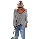 Longra Las mujeres de manga larga de punto sudadera, suéter flojo del puente elegante Tops (Tamaño: M, Gris)