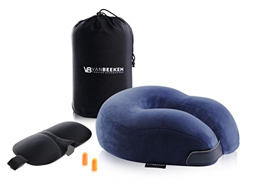 Reise-Nackenkissen Nackenhörnchen – aus weichem, bequemen Memory-Schaum-Stoff – flauschiges Nackenstützkissen zum Reisen mit GRATIS Schlafbrille, Ohrenstöpsel und Tragetasche | VAN BEEKEN Reisekissen