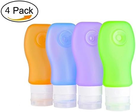 4 Pack Silicone Travel Bottles Set, Portable Leakproof, TSA Carry On Approved, BPA Free With Suction Cup for Shampoo, Conditioner, Lotion, Toiletries (60ML, Blue, Orange, Green, Purple)