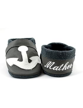 little foot company® 7922 Krabbelschuhe Babyschuhe Lauflernschuhe mit Namensstickerei Anker weiches Leder steingrau
