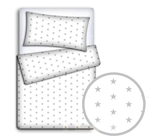 BABY BEDDING SET PILLOWCASE + DUVET COVER 2PC TO FIT JUNIOR BED (Grey stars on white background)