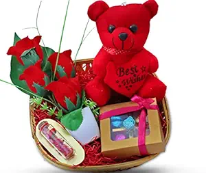 Valentines Day Gift for Boyfriend/Girlfriend/Valentines Day Chocolate Gift-Decorated Basket+Chocolate Box+Flower vase+Teddy Bear+Message Bottle+Valentines Card