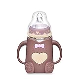 Bear-förmigen Silikon-Schutzhülle: Es verwendet Lebensmittelqualität Silikon-Material, das sicher und BPA-frei ist. Es kann Sturz und Explosion wirksam verhindern, aber auch die Milch warm halten, besonders geeignet für Herbst und Winter. Während seine süße Form besonders die Aufmerksamkeit des Babys erregen kann, üben Sie die intellektuelle Entwicklung Ihres Babys und lassen Sie Ihr Baby sich in die Flasche verlieben.