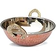 OSNICA 1 Pieces Indian Copper Serveware Karahi Vegetable Dinner Bowl with Solid Brass Handle for Indian Food Serving Bowls for Cereal, Soup, Cooked Food Party Serve Ware, Steel Handi (13 CM (300 ML)