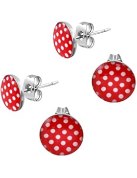 2 Paar Ohrstecker Polka Dot Rot Weiße Punkte - Rockabilly Ohrringe für Damen Ø 10mm Edelstahl