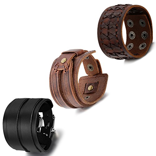 Cupimatch Pulseras de Hombre Cuero Juego de 3 Pcs Piel Punk Ajustable Brazalete Remache Piel Hipoalergénico Joyería de Moda Pulsera Hombre Mujer
