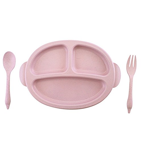 détail upstyle blé paille Plaque Cartoon Singe Forme plat antidérapante Plateau divisé Service de table pour enfant (3 pièces, Assiette + cuillère + fourchette), rose, 25.3cm*17cm