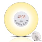 Réveil Lumineux, Radio Réveil Lumière Veilleuse LED Simulation Aube et Crépuscule Lampe de Chevet 10 Intensités, Réveil Enfant Contrôle Tactile 6 Sons Naturels 7 Couleurs avec Adaptateur Cadeau