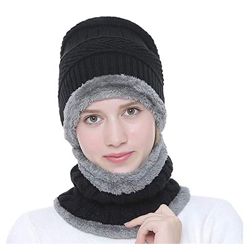 EREACH Cappello Invernale Uomo Berretto Uomo in Maglia con Sciarpa Inverno Caldo Cappello e Scaldacollo Set (Nero)