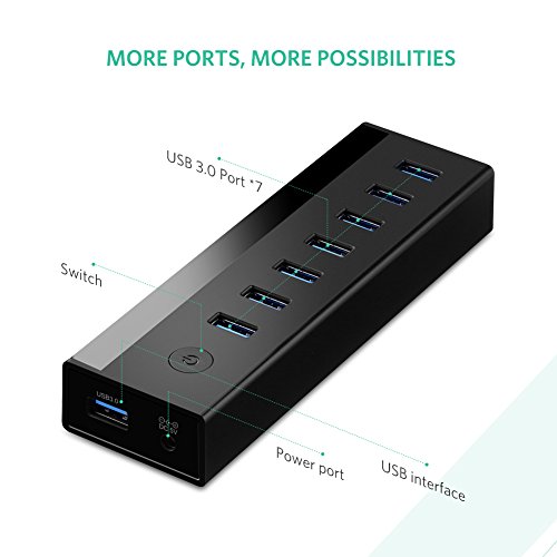 UGREEN 7 Ports USB 3.0 Hub mit 5V 2A Netzteil, USB 3.0 Kabel, Schalter und LED-Anzeigen für PC, MAC, Notebook, Ultrabook, Tablet und andere USB Geräte, Schwarz - 5