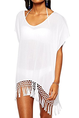 Jastore®Damen weiß Strandponcho Sommer Überwurf Kaftan Strandkleid Bikini Cover Up - 2