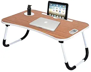 Callas Multipurpose Foldable Laptop Table with Cup Holder | Drawer | Mac Holder | Table Holder Study Table, Breakfast Table, Foldable and Portable/Ergonomic & Rounded Edges/Non-Slip Legs (CA-27-Brown)