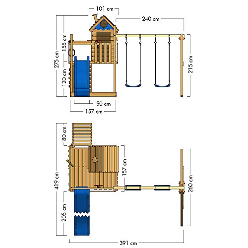 WICKEY Spielturm Smart Lodge Kletterturm Baumhaus Garten mit Spielhaus, Doppelschaukel, großem Sandkasten, Kletterwand, blaue Rutsche - 5