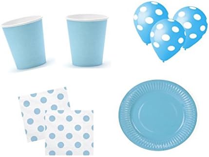 Party Set Party Dishes White/Light Blue 50 Pieces 12 Person Plates Cups Serviettes Birthday Set Barbecue Party Complete Party Supplies Pack