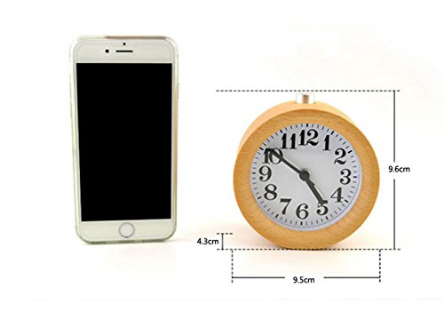 Moobom handgefertigte klassische kleine runde holz stille schreibtisch wecker mit nachtlicht für zuhause schlafzimmer büro - 4