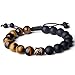 Produktbild HsingFu© - Herren-Armband mit Buddha-Kopf aus Bronze und Gebetsperlen (10 mm) aus schwarzem Onyx und gelbem Tigerauge - Größenverstellbar mit Kordelzug.