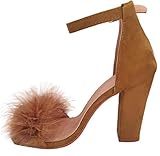 Amcool Damen Blockabsatz High Heel Knöchel Krawatte Pelz Sandalen (40 EU, Schwarz)
