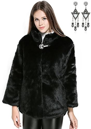 Semia Women Faux Fur Luxury Winterjackets with crystal button Vintage Solid Fluffy Coat Outwear Tops Black S/M