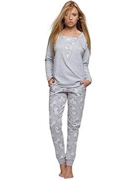 SENSIS stillvoller Baumwoll-Pyjama Schlafanzug Hausanzug aus elegantem Shirt und geblumter Hose, made in EU