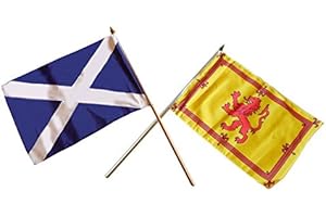 BUZZ Scotland Small Hand Flags - Mixed Pair of St. Andrew's Cross Scottish Lion Rampant Flags - Hand Waving Scottish Flags - 9" X 6" / 23 x 15 cm - on a 1ft Wooden Pole. Smaller Size - Great for Kids