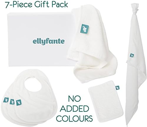 * Just Launched * Ellyfante 7-Piece Newborn Baby Essentials Pack | Luxury Boxed Gift Set contains 2 Baby Washcloths, 1 Muslin Square, 3 Baby Bibs and 1 Baby Wash Glove Mitt | Perfect thoughtful and practical essentials set for Babies and a great baby shower gift too | EBAM004